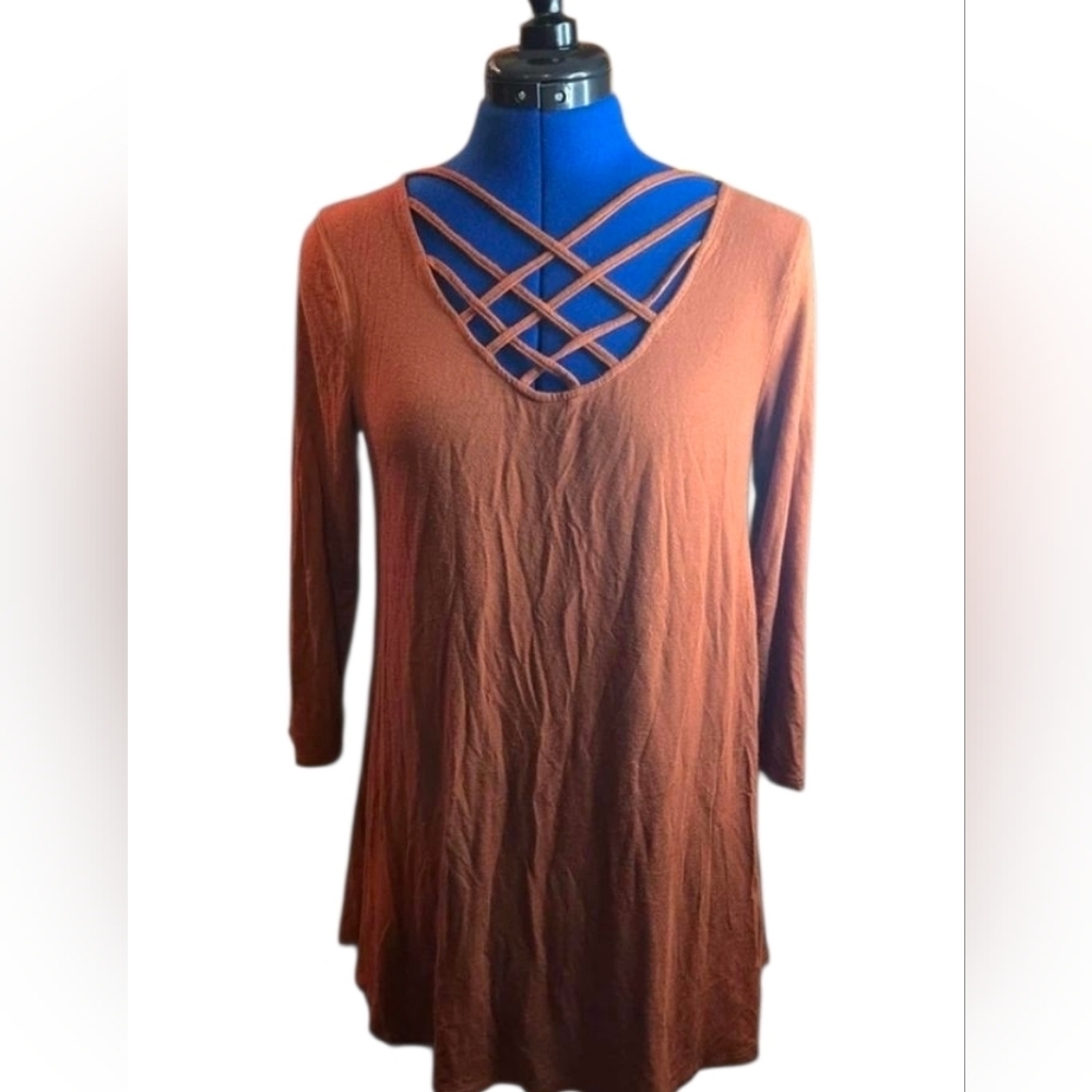 Zenana Outfitters Rust Orange Crisscross Neckline Flowy Top